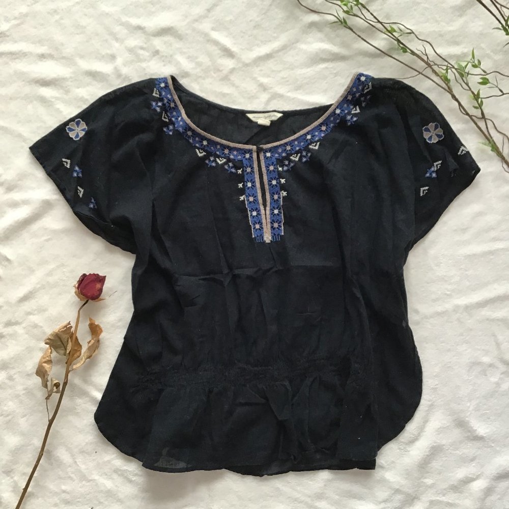 American Eagle Black Cotton Light Flowy Top with Embroidery